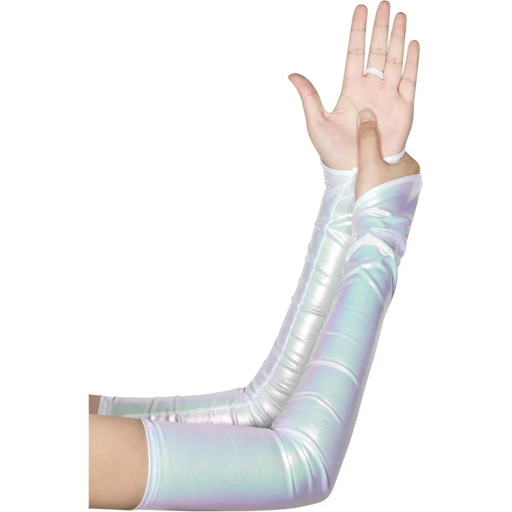 Women's White Shiny Elastic Satin Rave Fingerless Long Gloves Party Costume